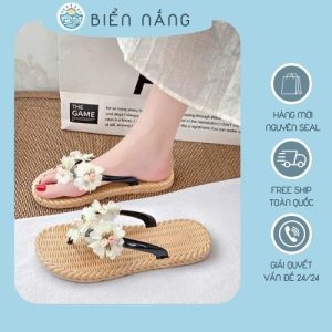 Dép xỏ ngón nữ giả cói gắn hoa đi biển siêu xinh